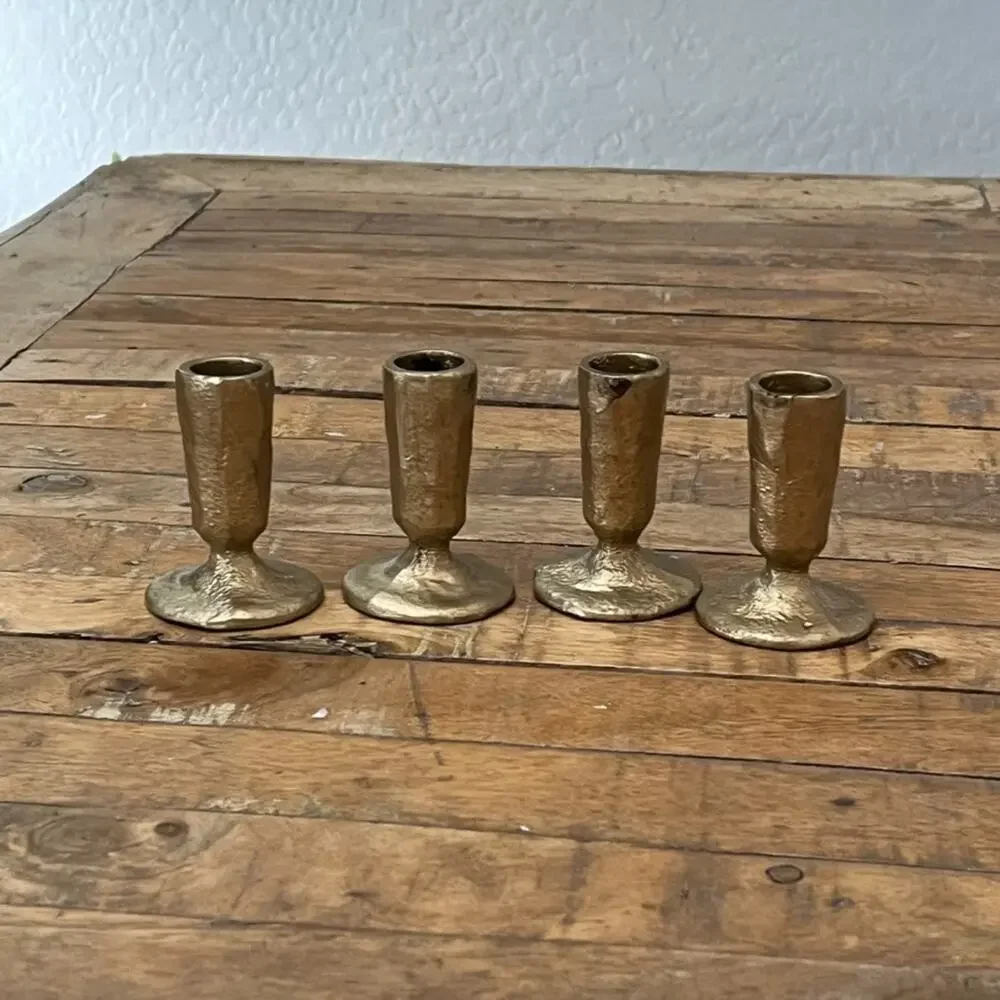 Handcrafted Antique Brass Iron Taper Candle Holders Set of 4 Gold Rustic Finish